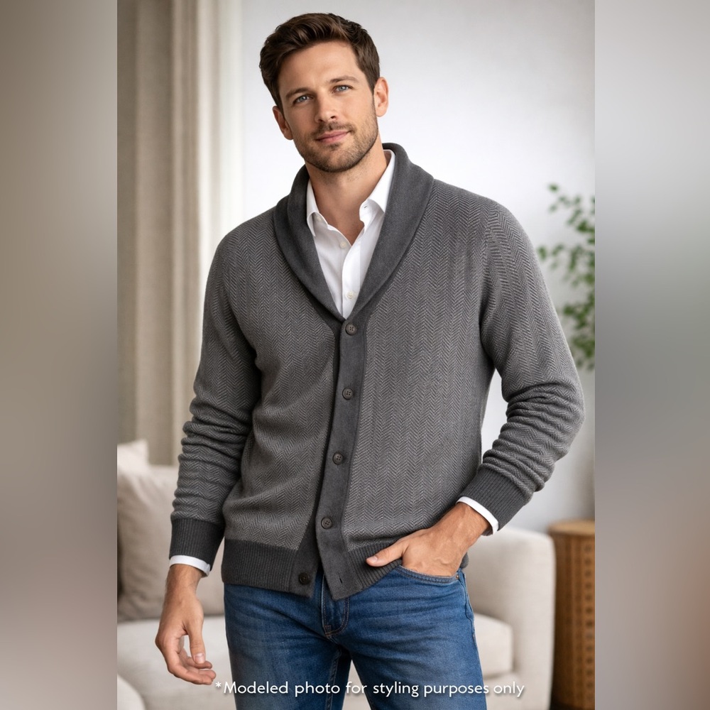 Thomas Parker Gray Herringbone Shawl‎ Collar Cardigan Mens Medium